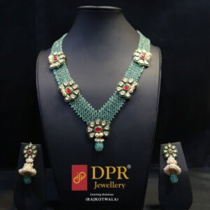 Bespoke Emerald Jadau Garland Necklace Set - An opulent jewelry ensemble featuring minute emeralds, handcrafted Jadau enamel flowers, and khakho pearls.