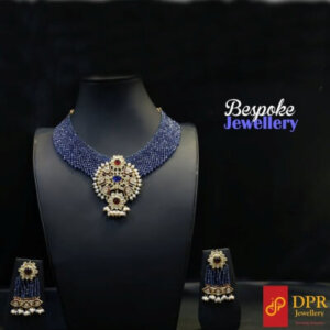 Sapphire Rajwadi Net Beads Necklace set - A regal blend of intricately handwoven sapphire beads in a net pattern, exuding opulence and elegance.