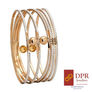 Gorgeous Twinning Fusion Layered Gold Bangles with symmetrical design, diamond illusion accents, and round ball patterns, radiating elegance and charm.