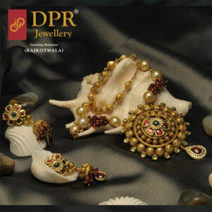Sudarshan Chakra Inspired Antique Rani haar with Handwoven Red Beads and Pearl Jhumkas