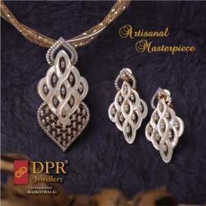 Mesmerizing MOP Artisanal Masterpiece Pendant Earrings Set featuring Mother of Pearl and CZ diamonds, displayed on a stylish background.